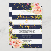 Floral Navy Blue Stripes & Gold Foil Stippen Wedde Kaart (Voorkant / Achterkant)