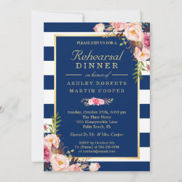 Floral Navy Blue Stripes Wedding Rehearsal Dinner Kaart