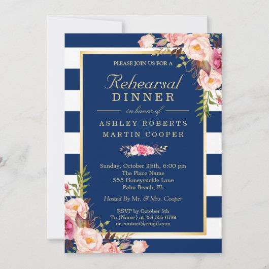 Floral Navy Blue Stripes Wedding Rehearsal Dinner Kaart (Voorkant)