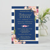 Floral Navy Blue Stripes Wedding Rehearsal Dinner Kaart (Staand voorkant)