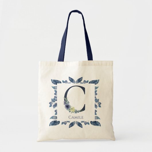Floral Navy Blue Waterverf Monogram Initiaal C Tote Bag (Voorkant)