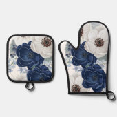 Floral Navy Blue Waterverf Ovenwant & Pannenlap Set (Voorkant)