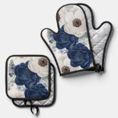 Floral Navy Blue Waterverf Ovenwant & Pannenlap Set (Voorkant / Achterkant)