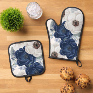 Floral Navy Blue Waterverf Ovenwant & Pannenlap Set