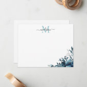 Floral Navy Blue Waterverf Roos Peony Monogram Notitiekaartje (Voorkant / Achterkant in situ)