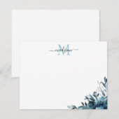 Floral Navy Blue Waterverf Roos Peony Monogram Notitiekaartje (Voorkant / Achterkant)