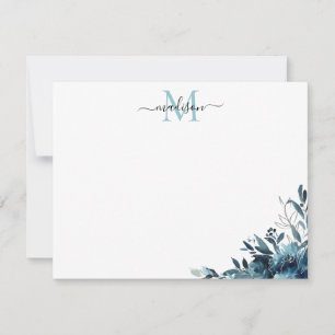 Floral Navy Blue Waterverf Roos Peony Monogram Notitiekaartje