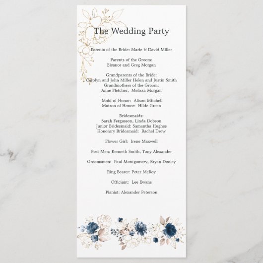 Floral navy blue waterverf Wedding Programme Programmakaart (Achterkant)