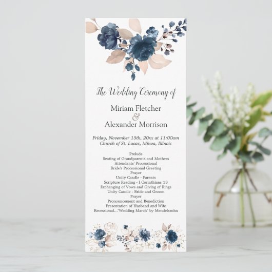 Floral navy blue waterverf Wedding Programme Programmakaart (Staand voorkant)