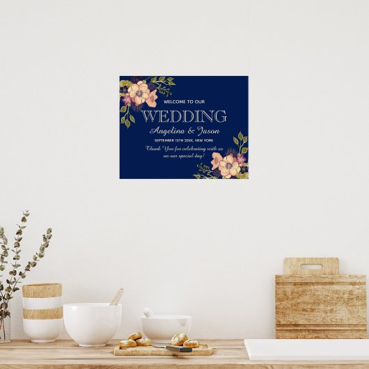 Floral Navy Blue Welcome Wedding Poster (Keuken)