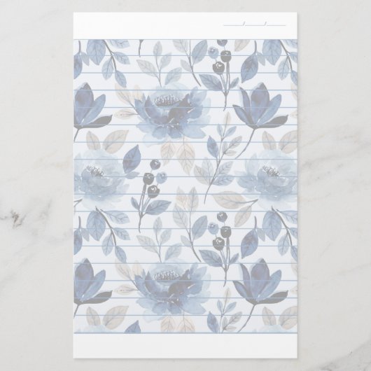 Floral Navy Blue Writing Paper Dated Lined Paper Briefpapier (Voorkant)