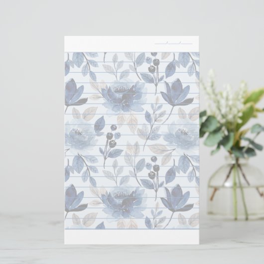 Floral Navy Blue Writing Paper Dated Lined Paper Briefpapier (Staand voorkant)
