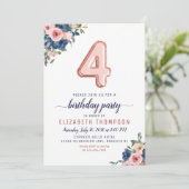 Floral Navy Blush Roos Gold ballon 4 september Kaart (Staand voorkant)