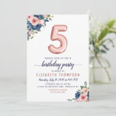 Floral Navy Blush Roos Gold ballon 5 oktober Kaart (Staand voorkant)