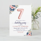 Floral Navy Blush Roos Gold Balloon 7e verjaardag Kaart (Staand voorkant)