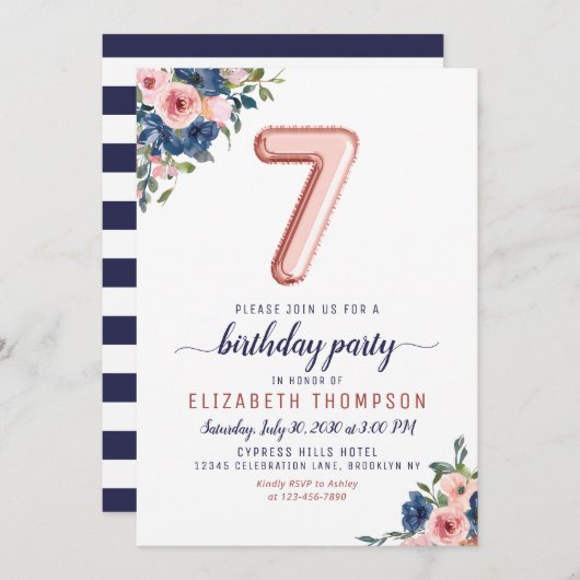 Floral Navy Blush Roos Gold Balloon 7e verjaardag Kaart (Voorkant / Achterkant)