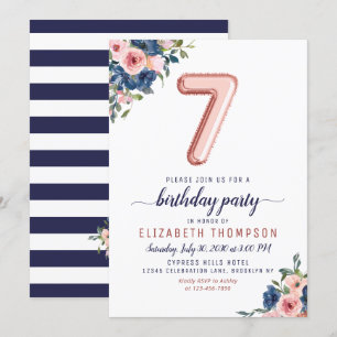 Floral Navy Blush Roos Gold Balloon 7e verjaardag Kaart