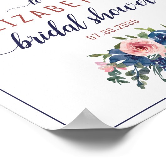 Floral Navy Blush Roos Gold Vrijgezellenfeest Welk Poster (Hoek)