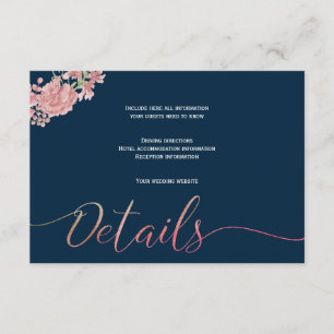 Floral navy blush script bruiloft gastgegevens informatiekaartje