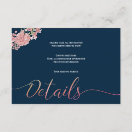 Floral navy blush script bruiloft gastgegevens informatiekaartje
