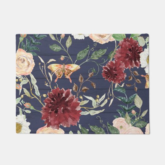 Floral Navy Burgundy Rustic Wood w Leaf Foliage  Deurmat (Voorkant)