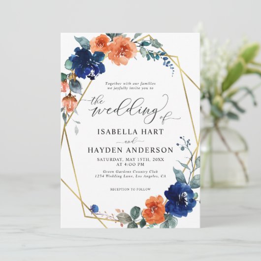 Floral Navy Burnt Oranje Rust Gold Foil Weddenscha Kaart (Staand voorkant)