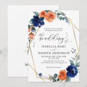 Floral Navy Burnt Oranje Rust Gold Foil Weddenscha Kaart (Voorkant / Achterkant)