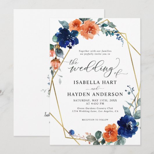 Floral Navy Burnt Oranje Rust Gold Foil Weddenscha Kaart (Voorkant / Achterkant)