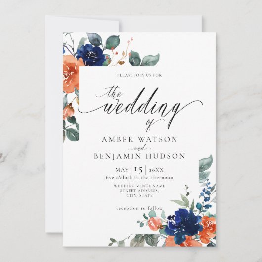 Floral Navy Burnt Oranje Rust Waterverf Weddenscha Kaart (Voorkant)