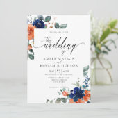 Floral Navy Burnt Oranje Rust Waterverf Weddenscha Kaart (Staand voorkant)