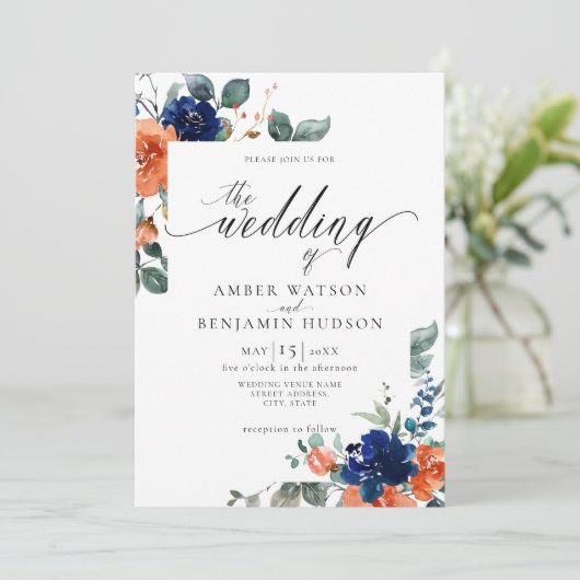 Floral Navy Burnt Oranje Rust Waterverf Weddenscha Kaart (Staand voorkant)