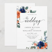 Floral Navy Burnt Oranje Rust Waterverf Weddenscha Kaart (Voorkant / Achterkant)
