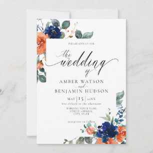 Floral Navy Burnt Oranje Rust Waterverf Weddenscha Kaart