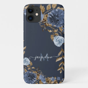 Floral Navy Dusty Blue Elegant Waterverf Name Case-Mate iPhone Case