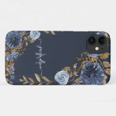 Floral Navy Dusty Blue Elegant Waterverf Name Case-Mate iPhone Case (Achterkant (horizontaal))
