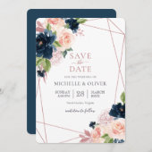 Floral Navy en Blush Geometric Save the Date Invi Kaart (Voorkant / Achterkant)