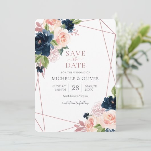 Floral Navy en Blush Geometric Save the Date Invi Kaart (Staand voorkant)
