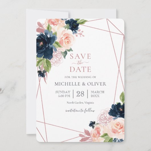 Floral Navy en Blush Geometric Save the Date Invi Kaart (Voorkant)
