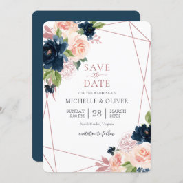 Floral Navy en Blush Geometric Save the Date Invi Kaart