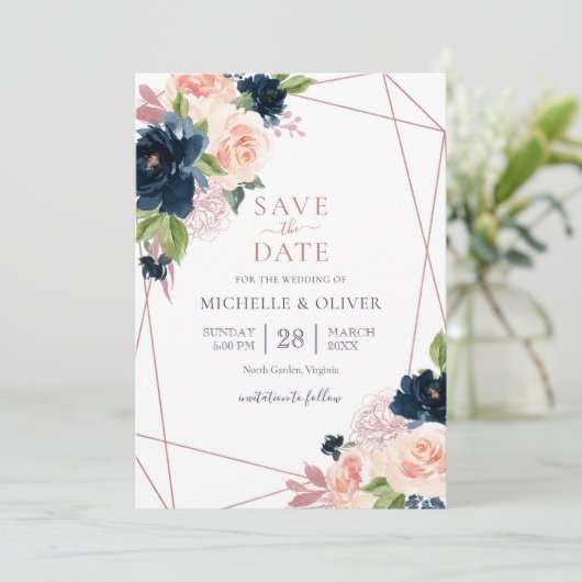 Floral Navy en Blush Geometric Save the Date Kaart (Staand voorkant)