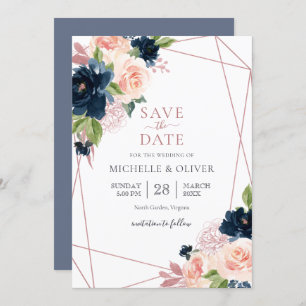 Floral Navy en Blush Geometric Save the Date Kaart