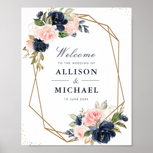 Floral Navy en blush geometrische bruiloft Poster (Voorkant)