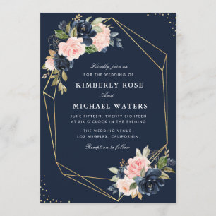Floral Navy en blush waterverf geometrische bruilo Kaart