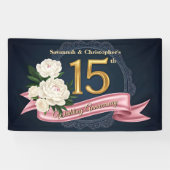 Floral Navy en Gold 15e bruiloft Jubileum Spandoek (Horizontaal)