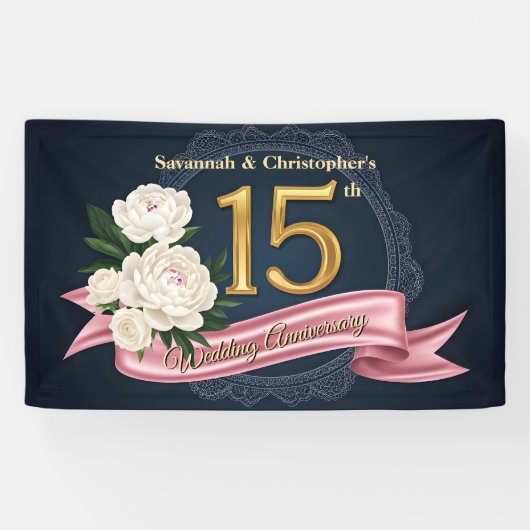 Floral Navy en Gold 15e bruiloft Jubileum Spandoek (Horizontaal)