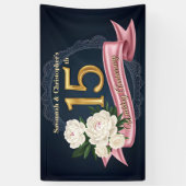 Floral Navy en Gold 15e bruiloft Jubileum Spandoek (Verticaal)
