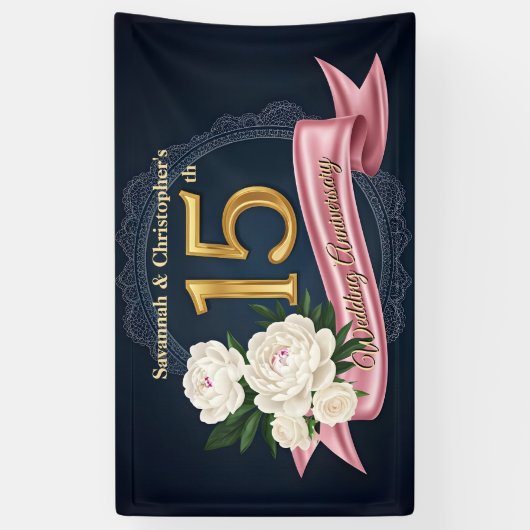 Floral Navy en Gold 15e bruiloft Jubileum Spandoek (Verticaal)