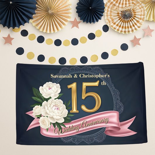 Floral Navy en Gold 15e bruiloft Jubileum Spandoek