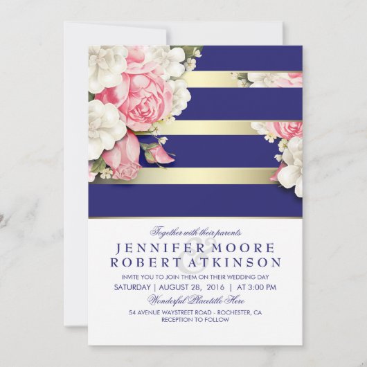  Floral Navy en Gold Stripes Wedding Kaart (Voorkant)