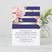  Floral Navy en Gold Stripes Wedding Kaart (Staand voorkant)